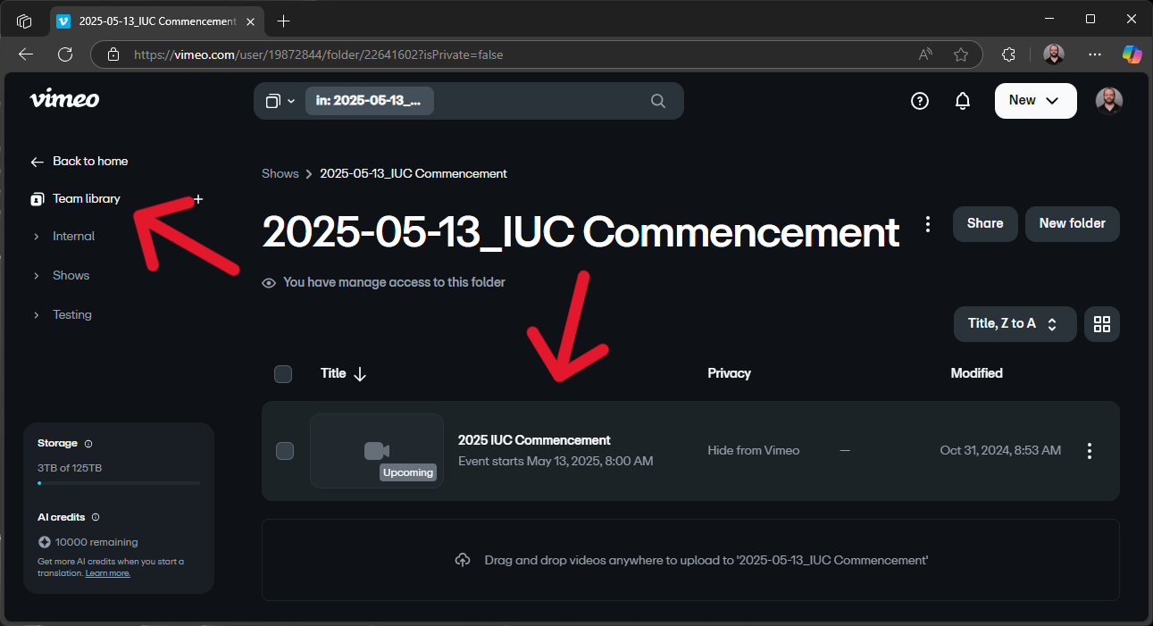 Vimeo Live Event in Team Library