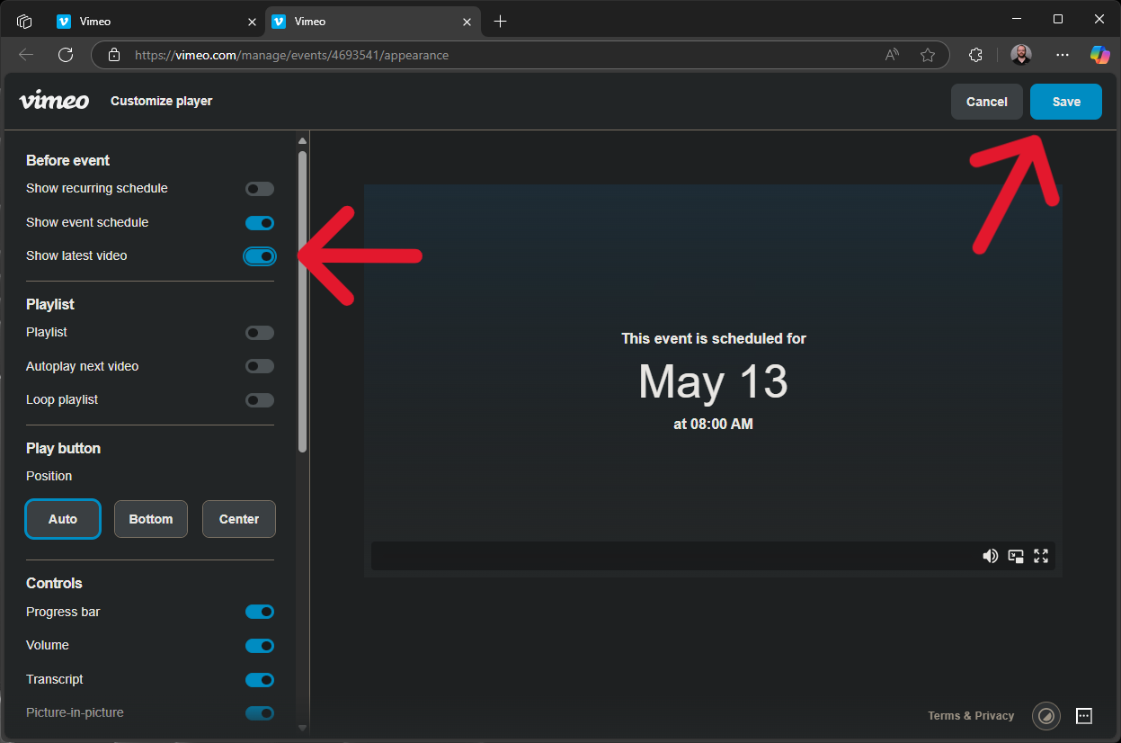 Vimeo embed edit page with "Show latest video" enabled